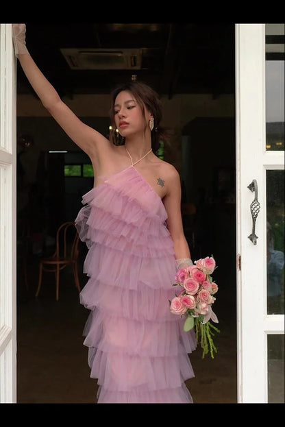 Formal Tulle Long Dress - Pink
