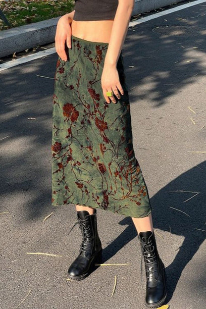 Floral Print Low Waist Color Block A-Line Skirt