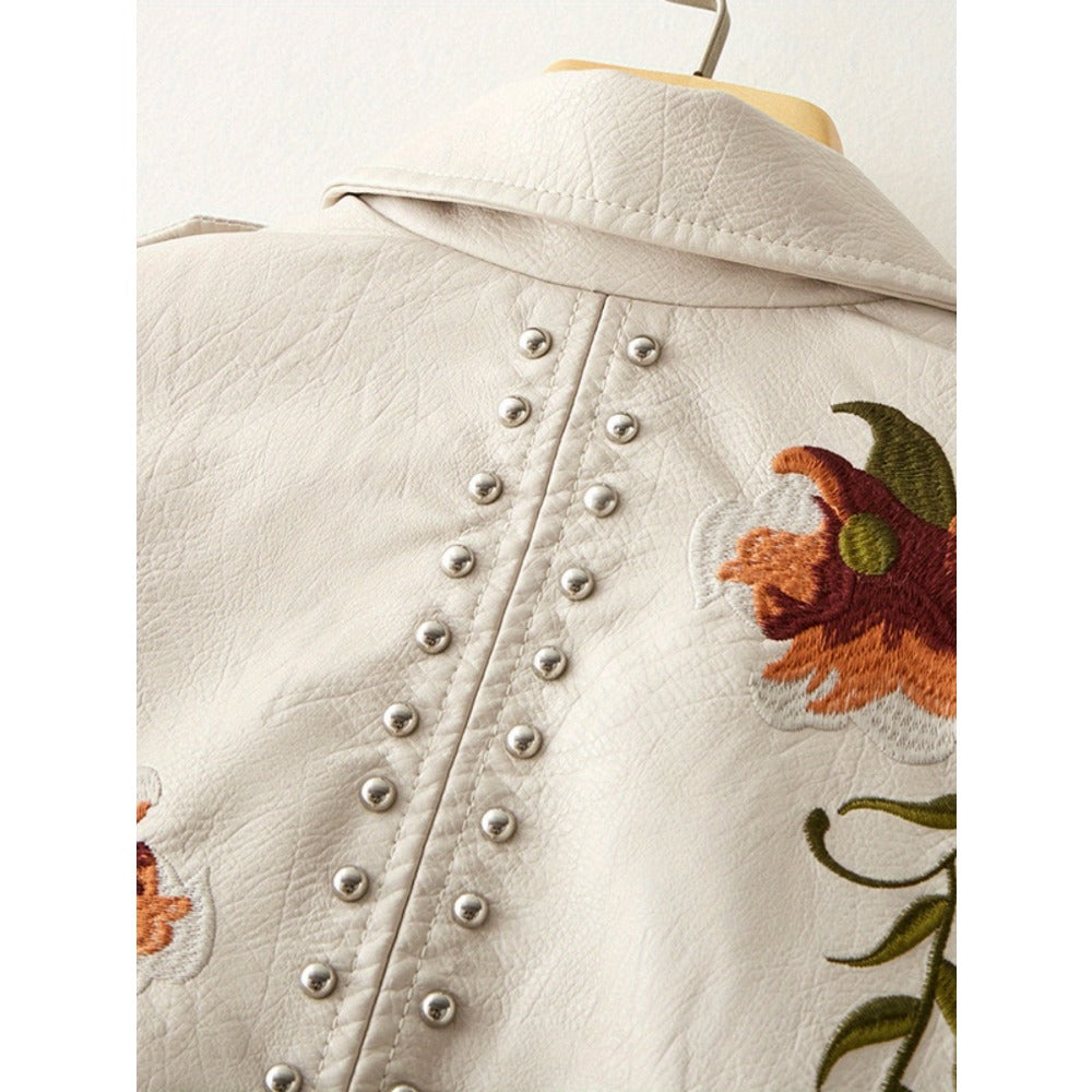 Beige Faux Leather Jacket with Floral Embroidery for Women - Lucrezia