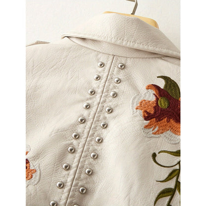 Beige Faux Leather Jacket with Floral Embroidery for Women - Lucrezia