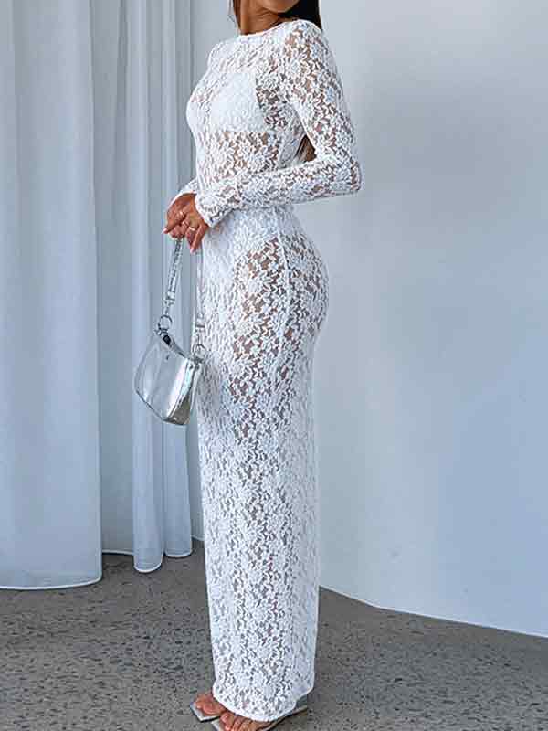 Hollow Lace Pattern See-Through Slim Fit Maxi Dress