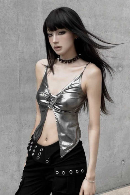 Cyber Liquid Metal Silver V Neck Buckle Cami Crop Top