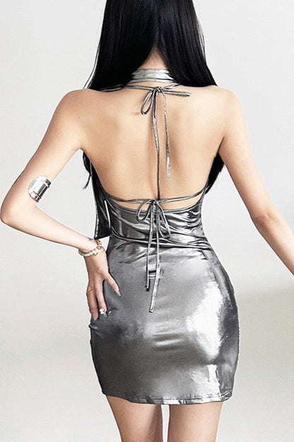 Laser Metallic High Waist Halter Mini Dress