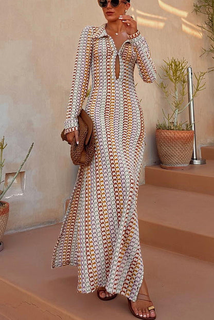 Elegant women's cardigan beach knitted colorful wave print long sleeved vacation dress