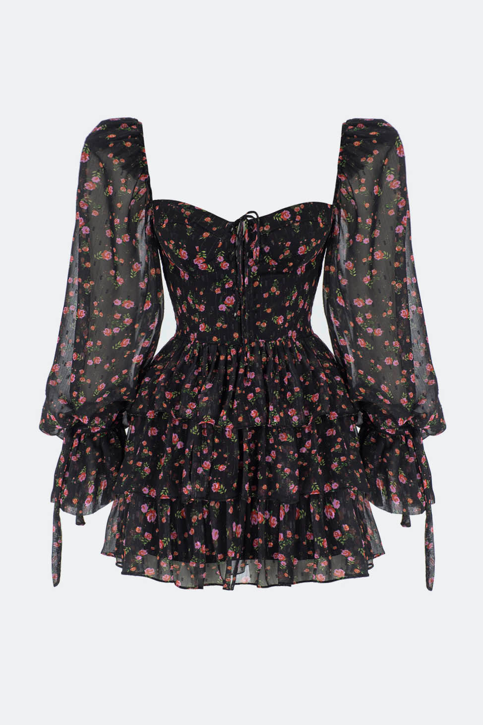 Floral Puff Sleeve Corset Tiered Ruffle Hem Mini Dress