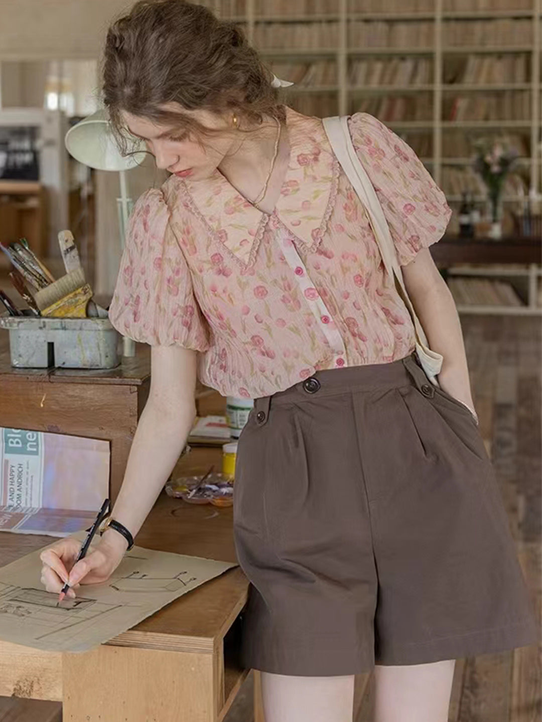 Isabella Retro Puff Sleeve Lapel Shirt-Pink