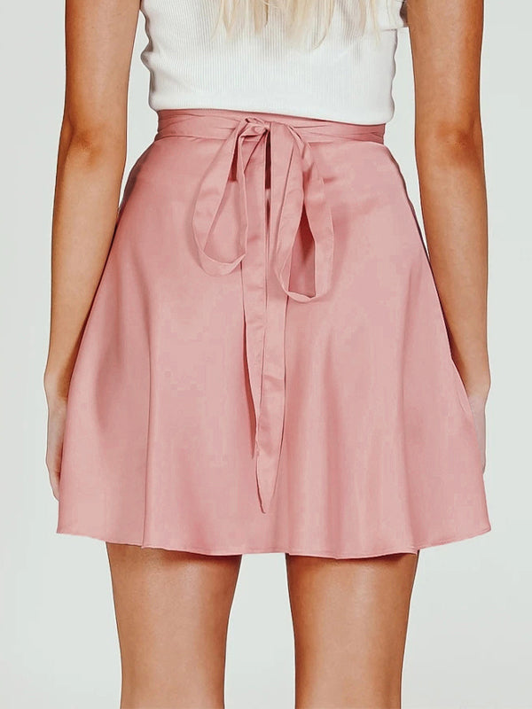 Solid Chiffon Satin Tie Up Mini Skirt