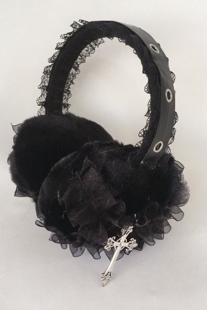 Black Lace Cross Pin Y2K Earmuff