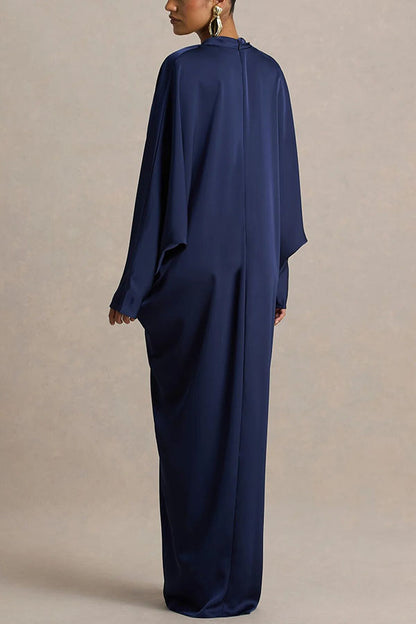 Tina Satin Plunge V-neck Gold Trim Detail Long Batwing Sleeve Maxi Dress