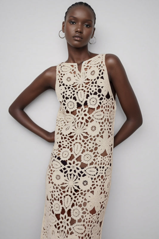 Sorenl Beige Openwork Midi Dress