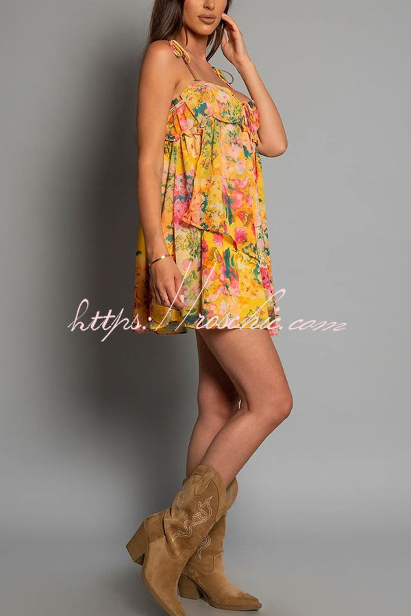 Floral Print Sling Lace Up Ruffled Mini Dress