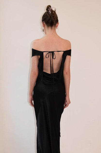 Satin Off Shoulder Backless Tie Waist Slim Fit Long Sexy Prom Dress