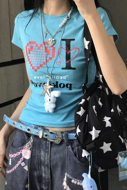 Blue Cotton Retro Printed Sweet Cool T-shirt