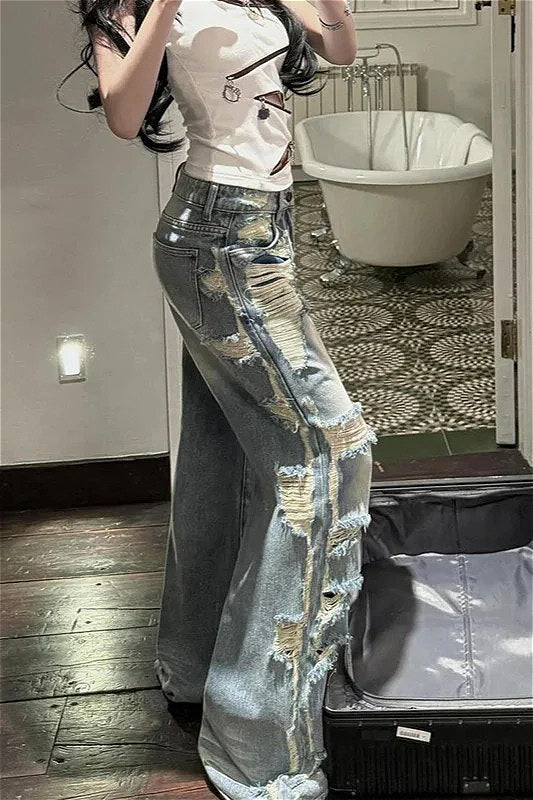 Light Blue Ripped High Waist Wide Leg Denim Jeans