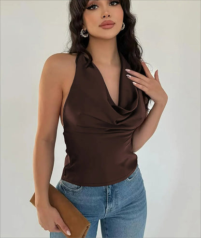 Halter Lace Up Ruched Solid Cami Top