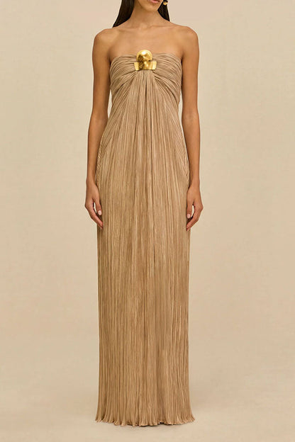 Golden Hour Metallic Pleated Strapless Maxi Dress
