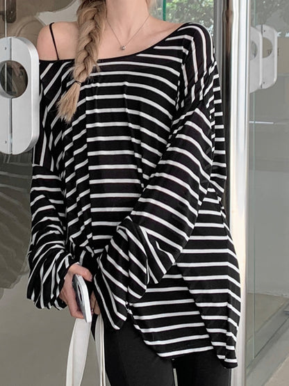 Stripe Backless Lace Up Smock Oversized Long Sleeve Tee