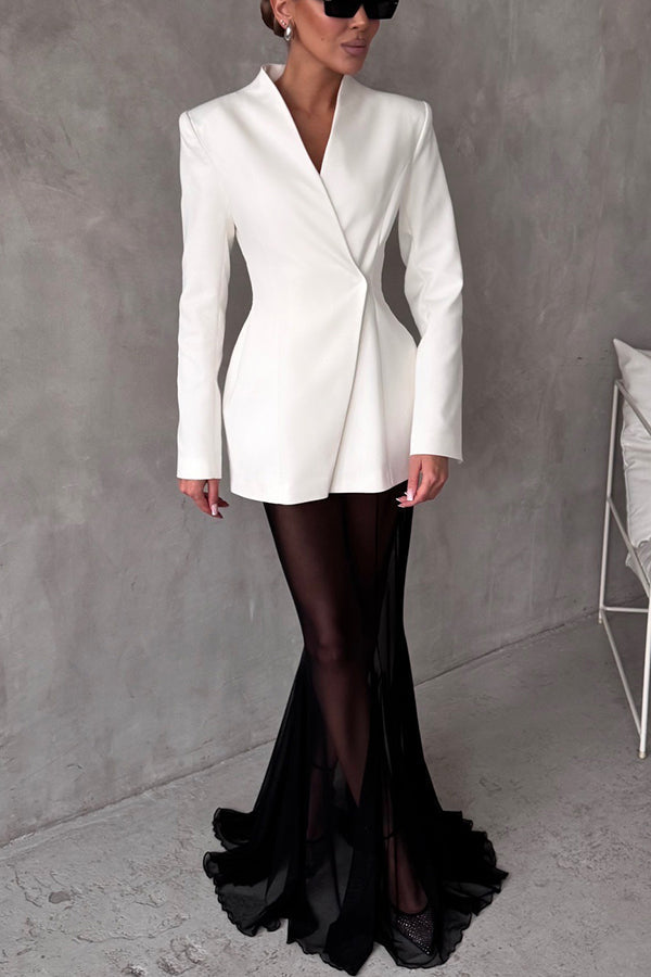 Long sleeved satin top S V collar single button long sleeved set