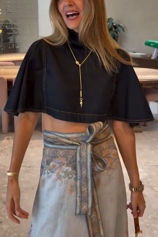 Next Vacation Denim Mock Neck Short Flutter Sleeves Crop Top