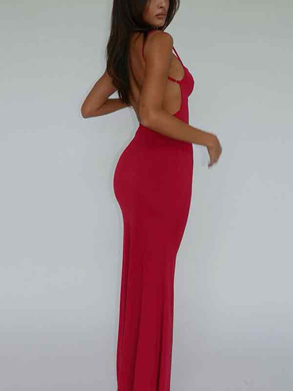 Solid Color Backless Slim Maxi Dress