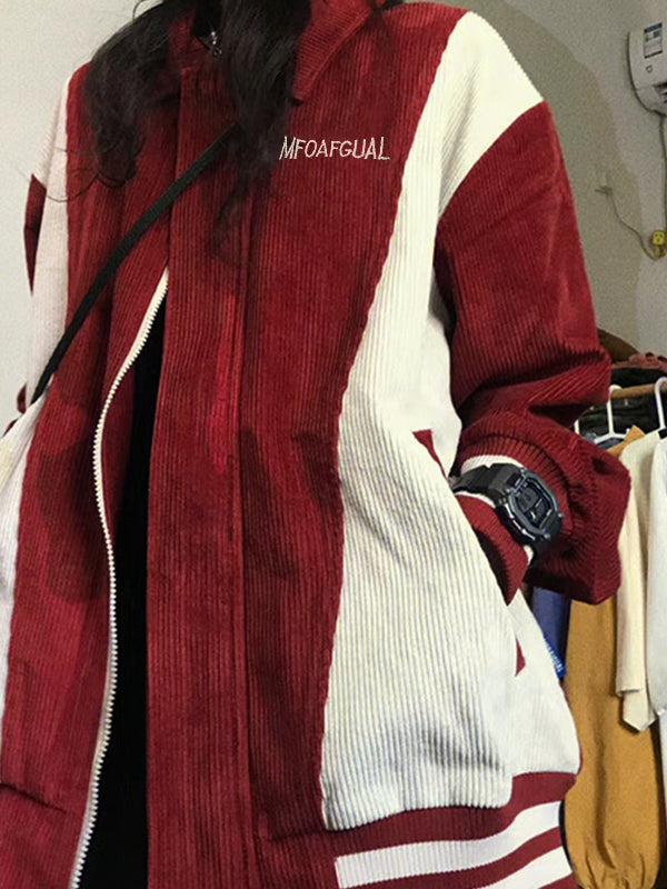 Corduroy Color Block Splice Embroidery Jacket