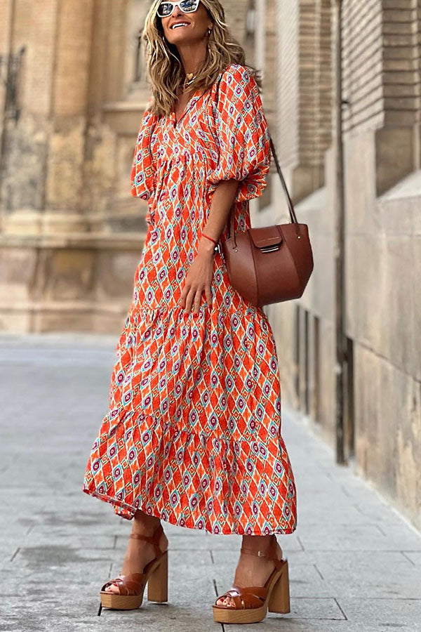 Women's fashionable street picnic bubble sleeve layered elegant party MIDI dress
