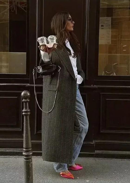 Pinstripe Long Woolen Coat - Elegant and Minimalist