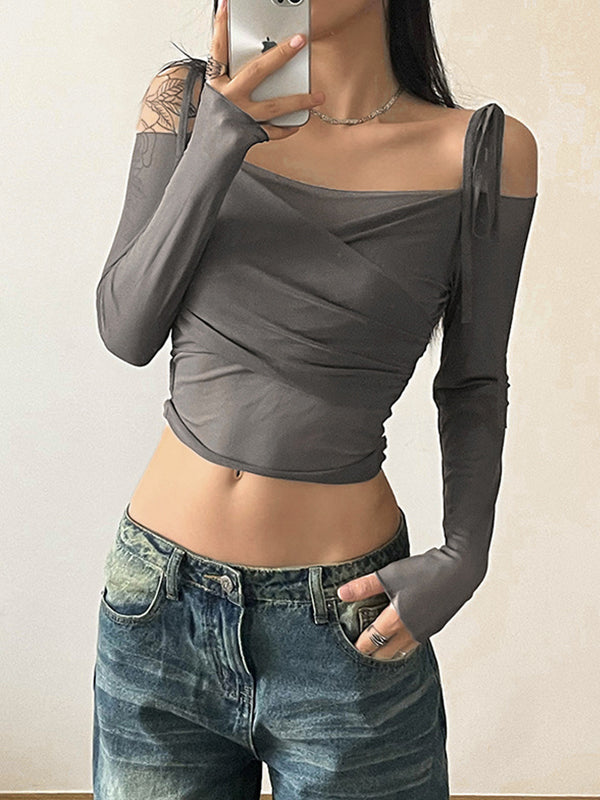 Ruched Lace Up Crop Long Sleeve Tee