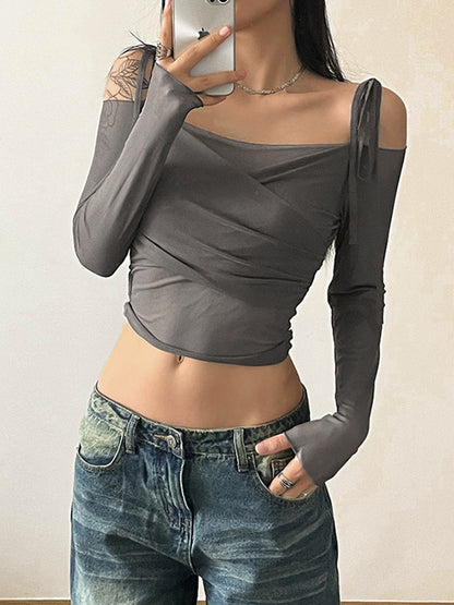 Ruched Lace Up Crop Long Sleeve Tee