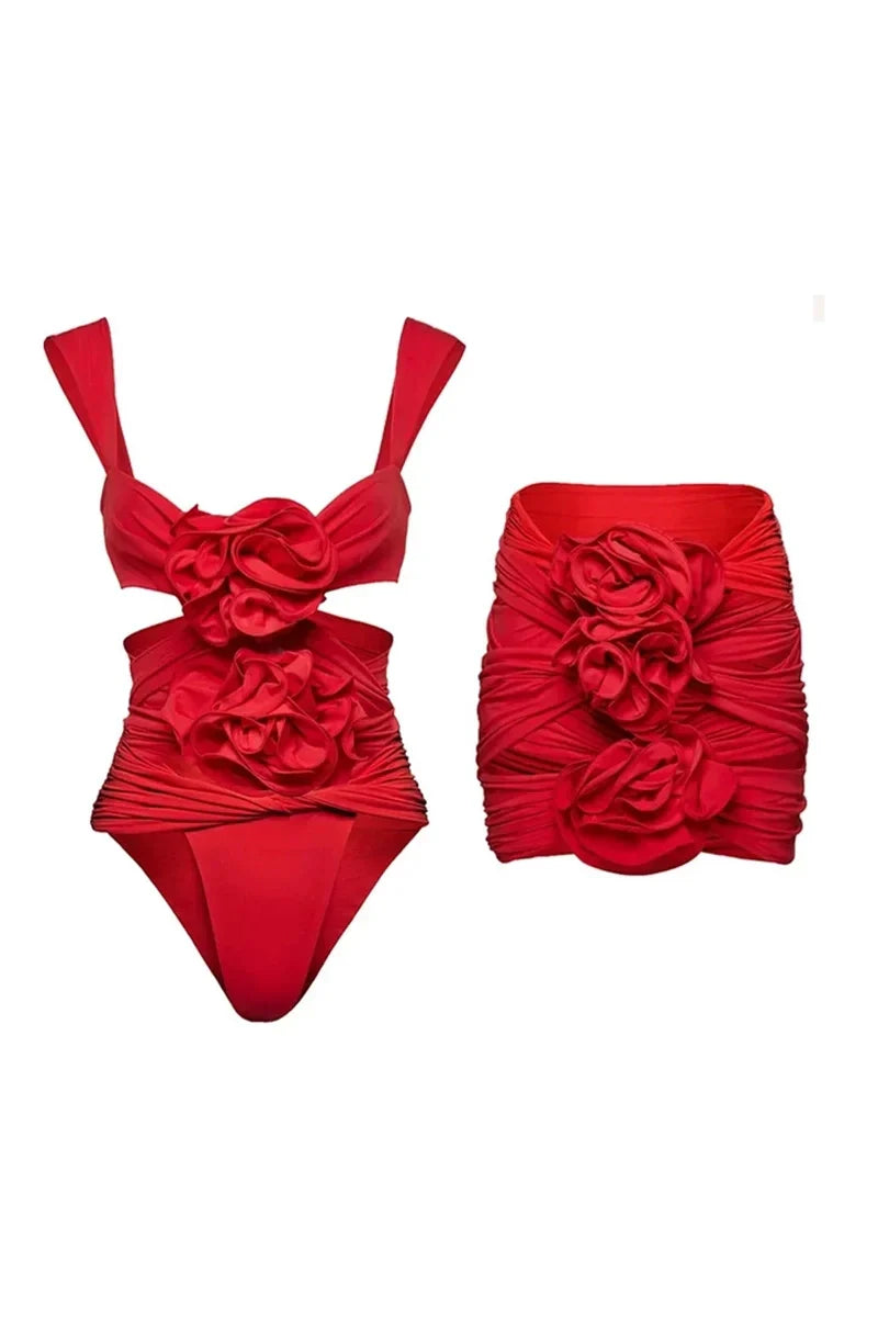 Conjunto de traje de baño con apliques florales