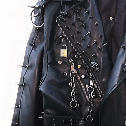 PU leather long sleeve zip-up rivet applique o ring top  | Festival Outfits Women