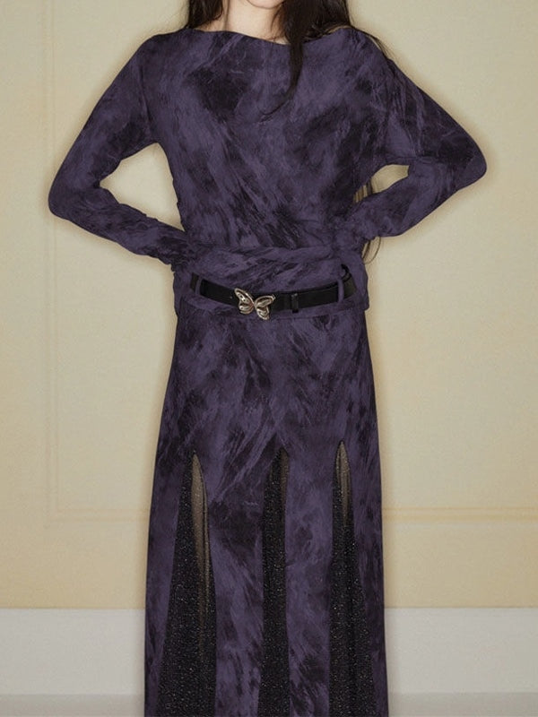 Random Smudged Print One Shoulder Mesh Splice Maxi Dress