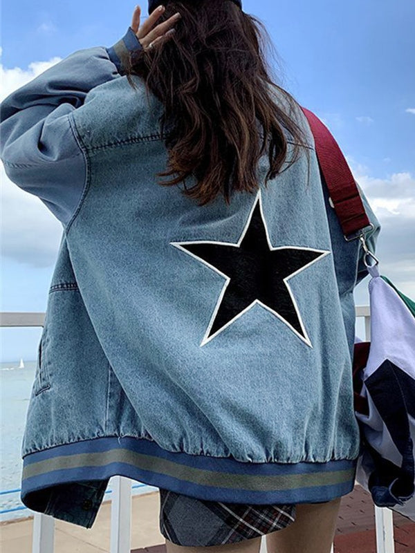 Denim Star Decor Preppy Jacket