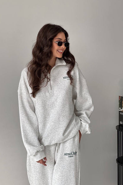 Letter Print Half-Zip Hoodie Loose Straight Pants Two Piece Set