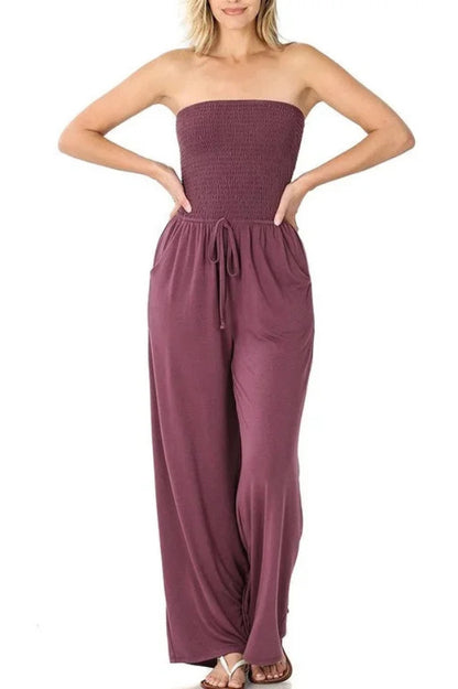 Solid Color Sleeveless Off-shoulder Pleated Loose Pocket Casual Wide-leg Jumpsuit