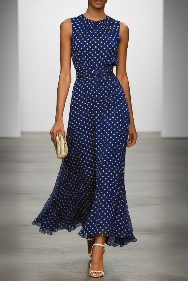 Polka Dot Print Round Neck Sleeveless Pleated Waist Casual Maxi Dress