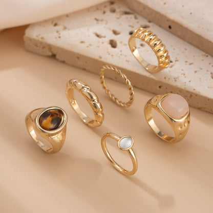6-Piece Irregular Gemstone Metal Ring Set