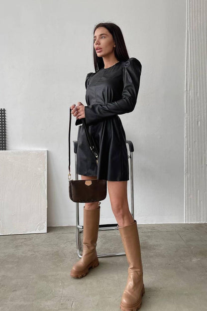 Leather Puff Sleeve Round Neck Mini Dress
