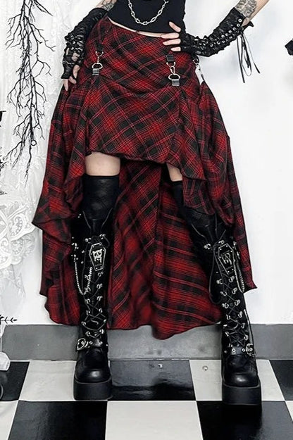 E-girl Red Plaid High Waist Grunge Irregular Skirt
