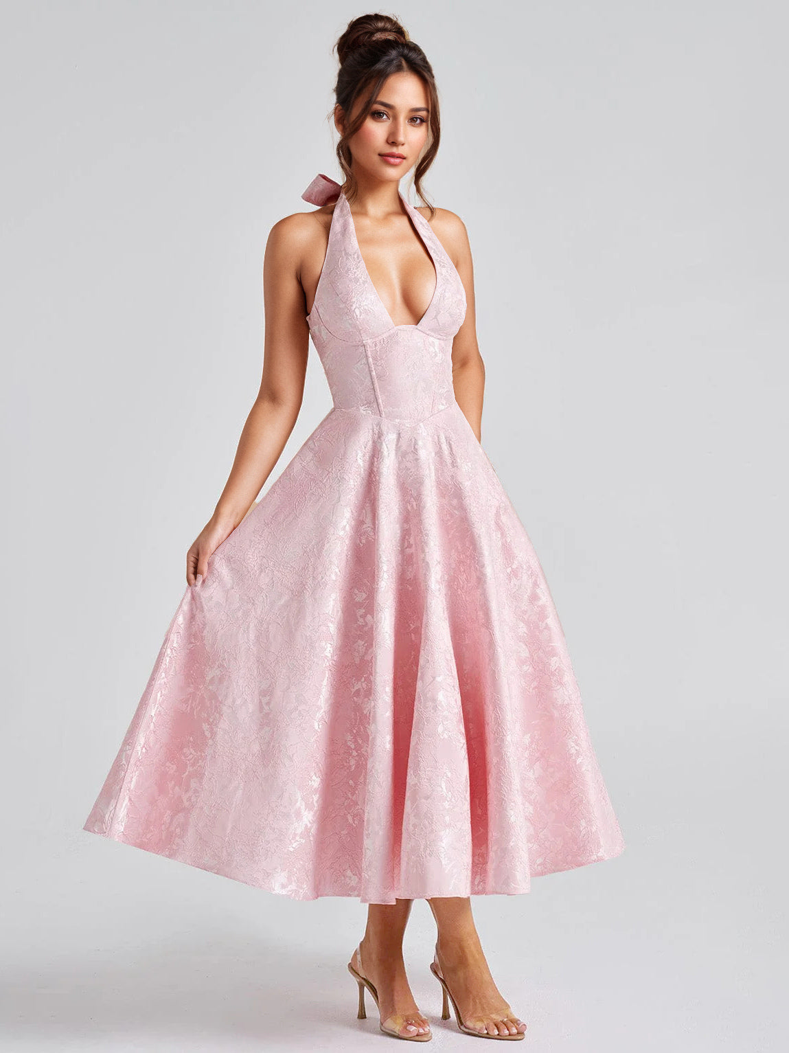 Soft Pink Floral Midi Dress Halter Summer A-line Vintage Dress For Women 2026