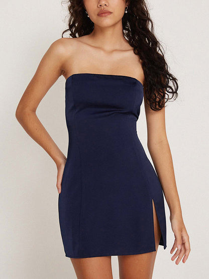 Solid Color Off Shoulder Slit Slim Mini Dress