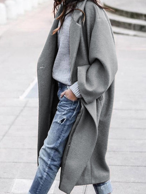 Solid Woolen Lapel Neck Long Jacket