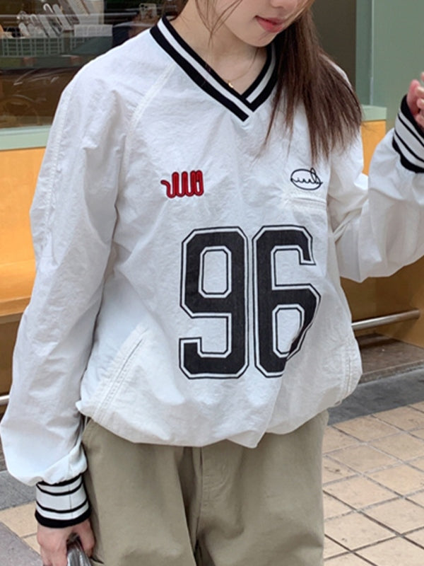 Number Print V Neck Thin Sweatshirt
