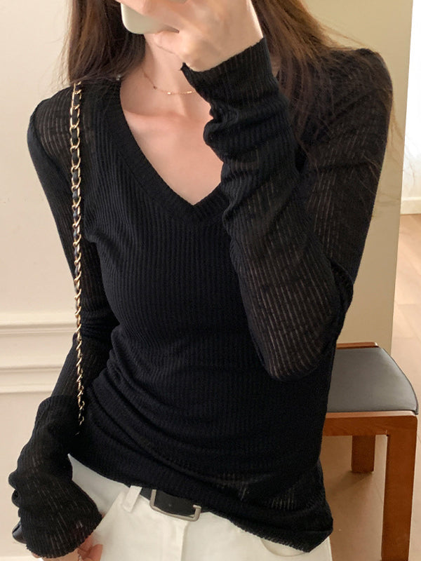 Ribbed V Neck Slim Long Sleeve Knit