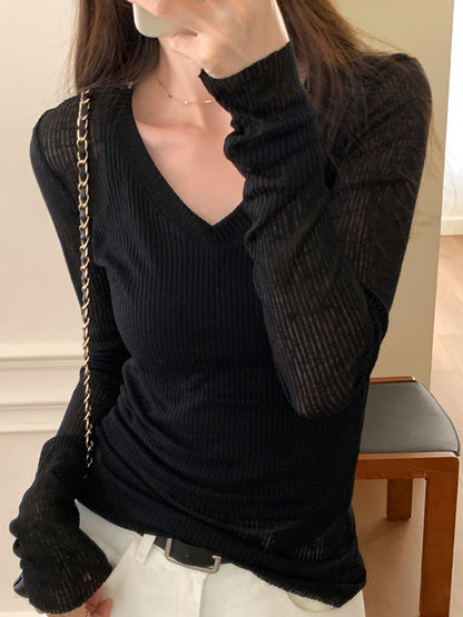 Ribbed V Neck Slim Long Sleeve Knit