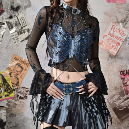 Long flared sleeve mesh print metal chain top  | Festival Outfits Women