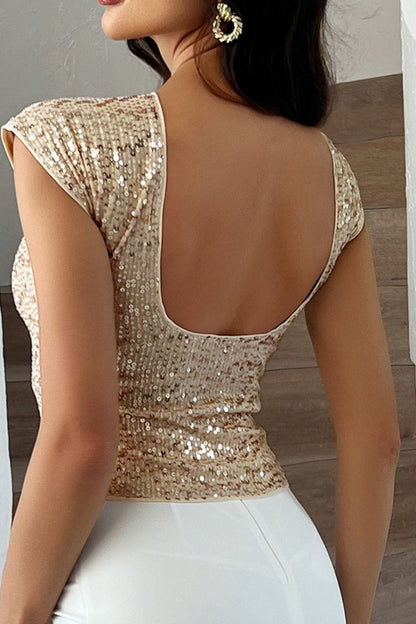 Sequin Backless Short Sleeve Tank Top