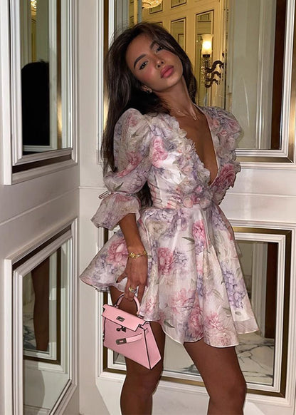Floral Ruffle Puff Sleeve Mini Dress – Deep V Fit and Flare Party Dress