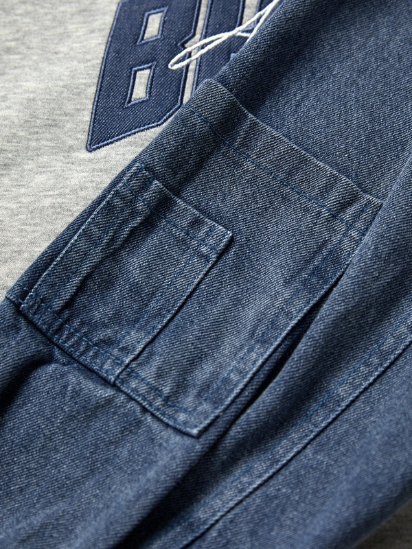 Denim Splice Letter Print Lapel Neck Oversized Hoodie