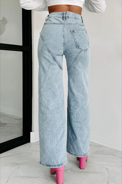 High-Waisted Washed Ripped Chain Straight Leg Jeans